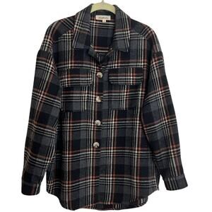 Listicle Womens Plaid Shacket Size S Gray Black Orange Button Front Long Sleeve